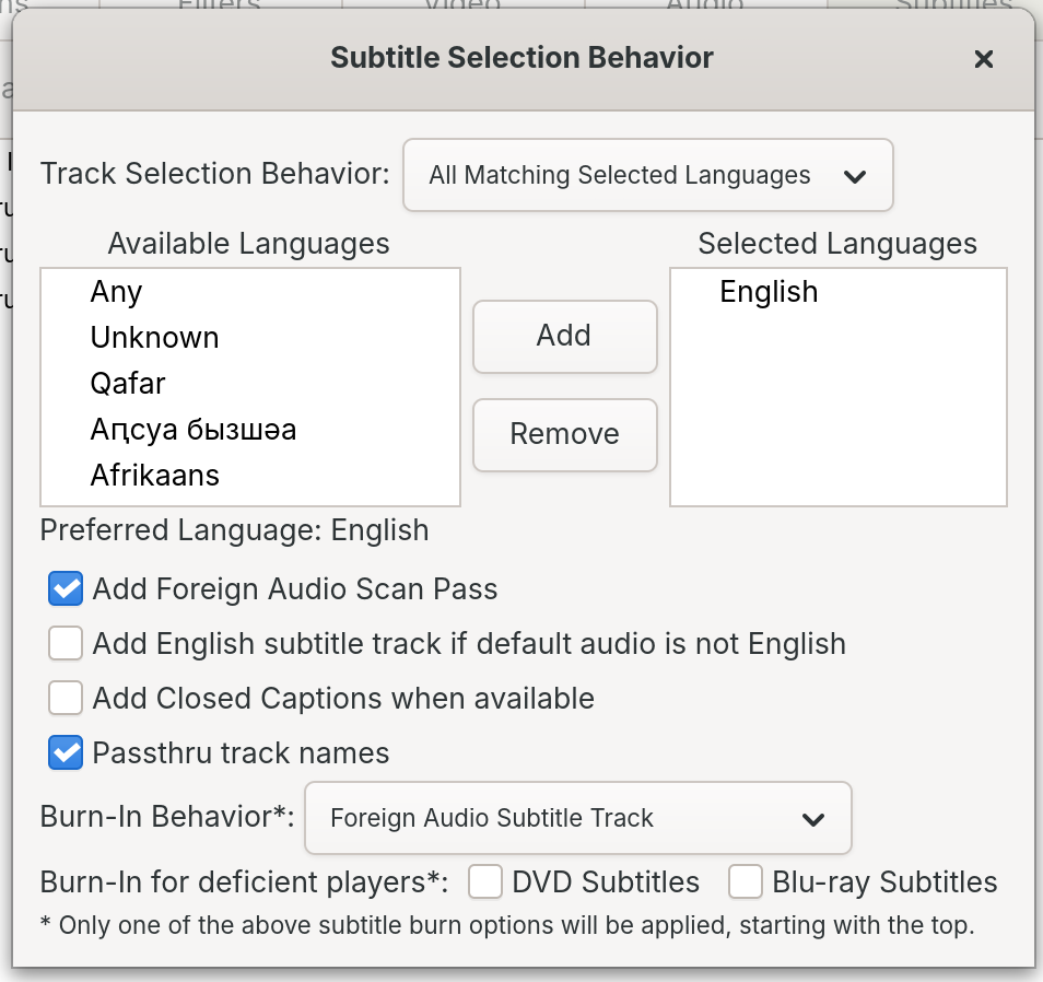 A screenshot of the "Subtitle Selection Behavior" window, with the options modified as I outlined above.