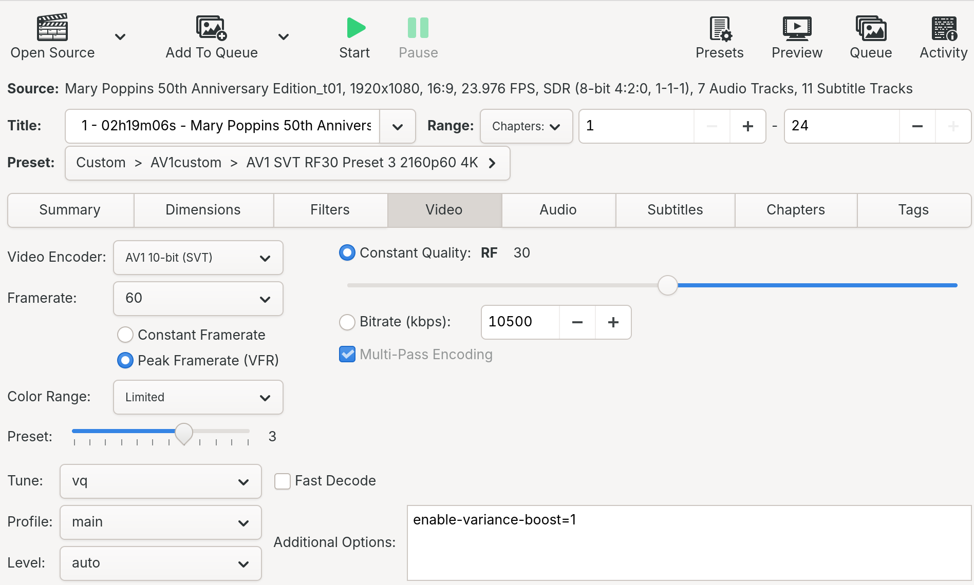 The Video tab of Handbrake, with the modifications described earlier in this blog post (Encoder Preset to 3).