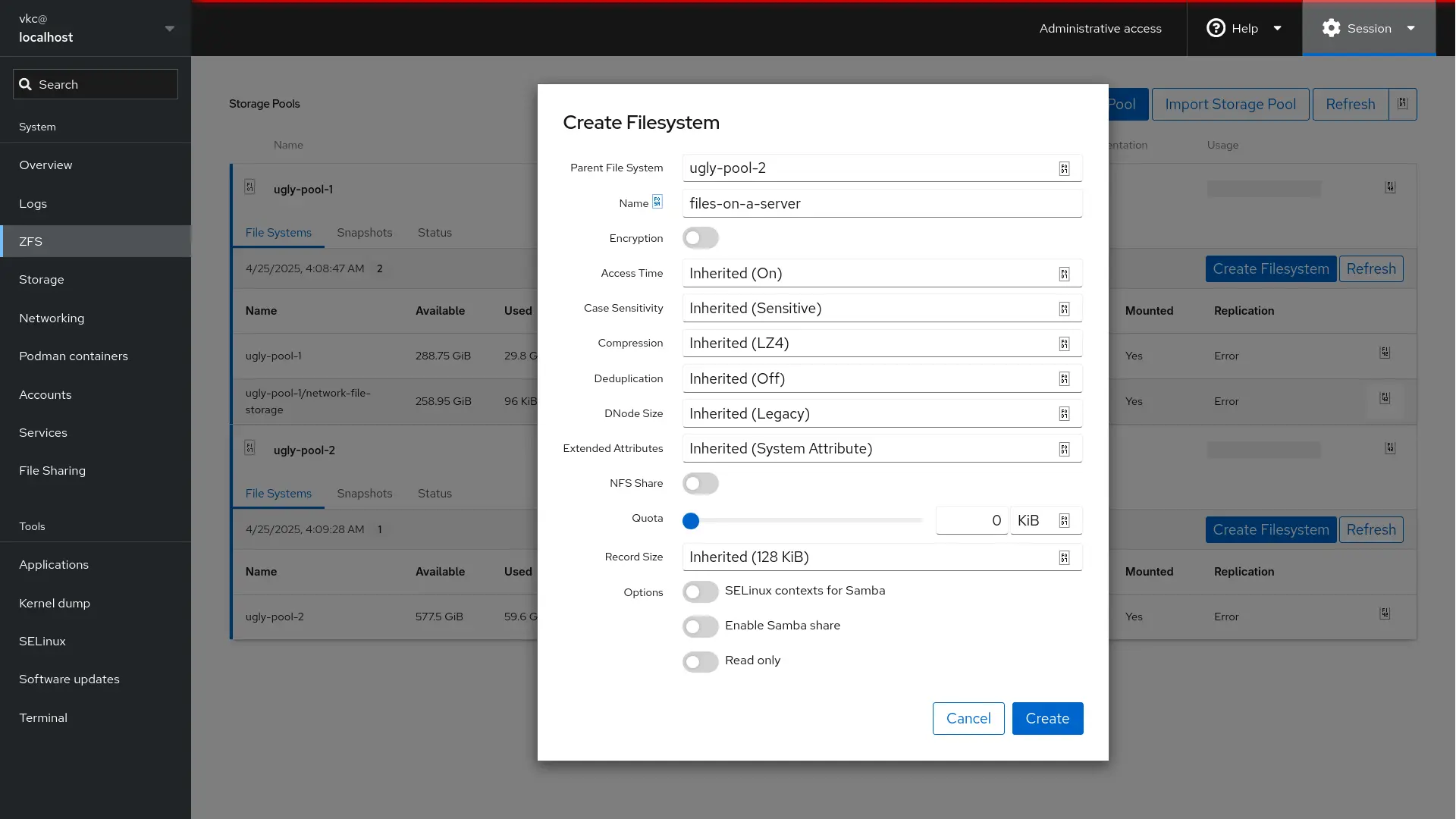 A screenshot of the Cockpit module for ZFS, showing a number of configurable options for the ZFS system, including settings for encryption, compression, quota, and rudimentary sharing options.