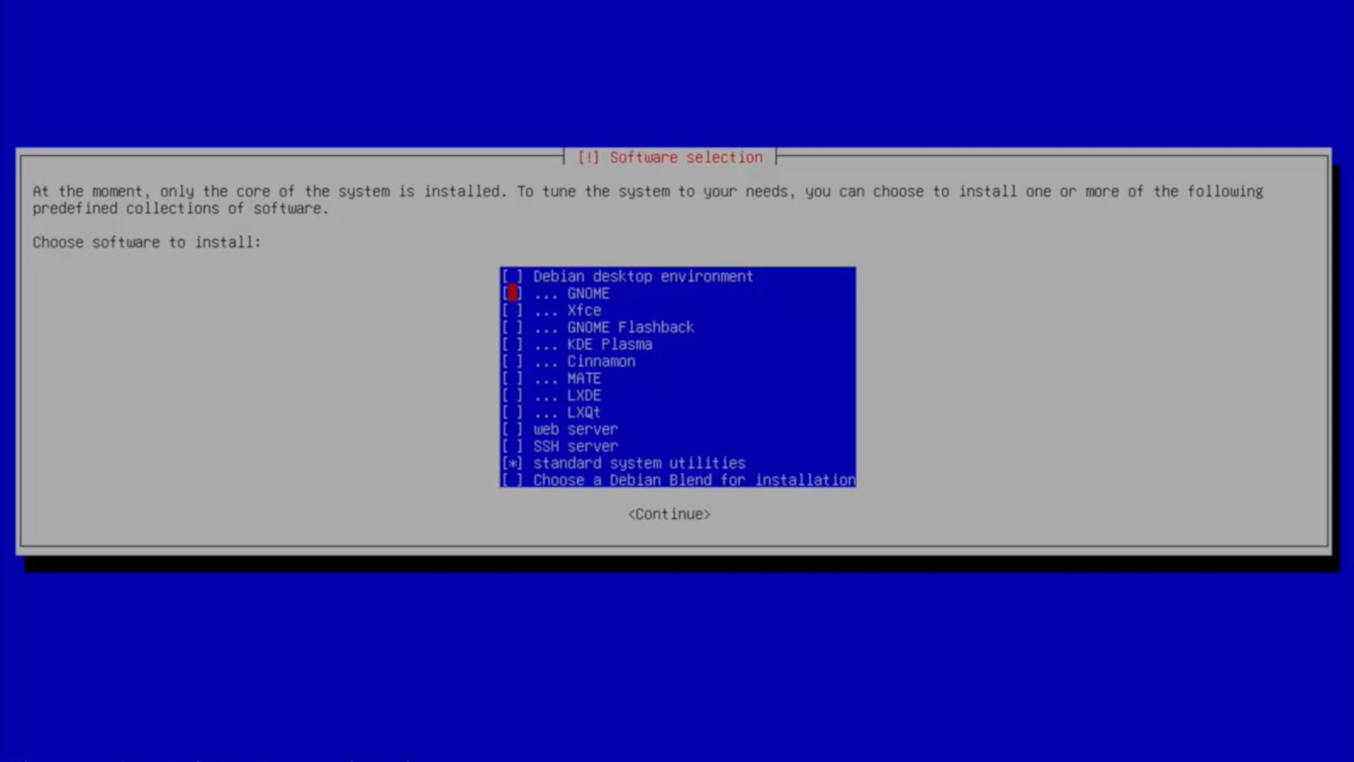 A Debian TUI installer screen showing the "software selection" dialog (for installing a desktop environment).