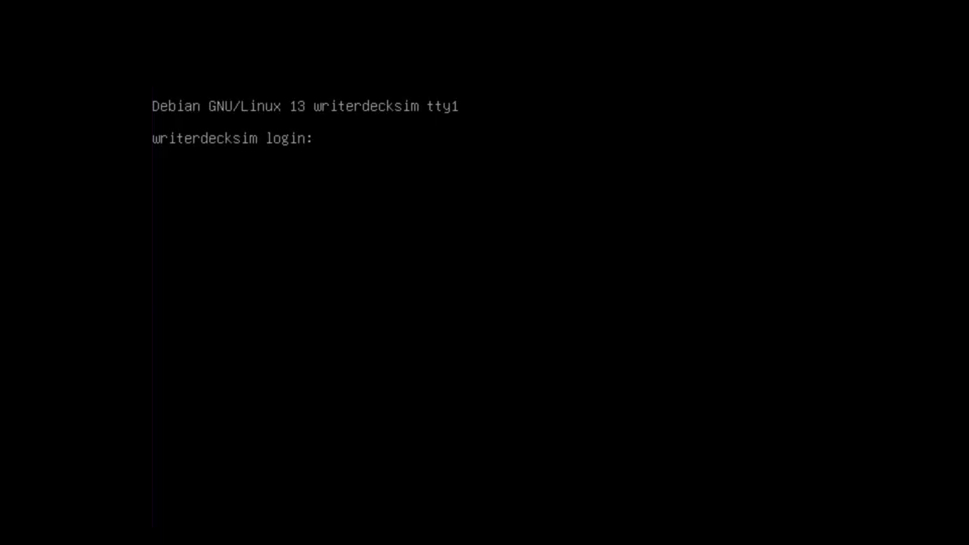 A Debian tty login prompt. Black background with a login prompt in small white text.