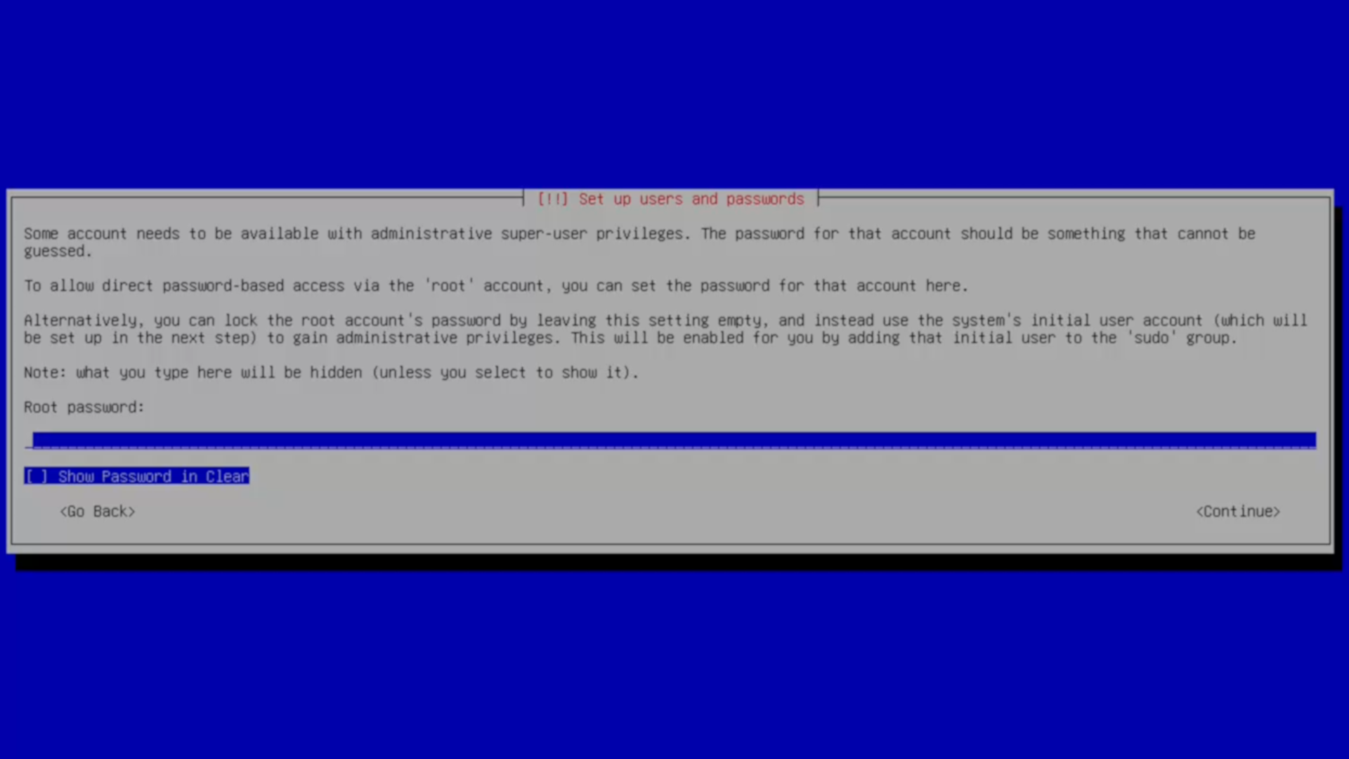 A Debian TUI installer screen showing the "set up users and passwords" dialog (for setting a root password).