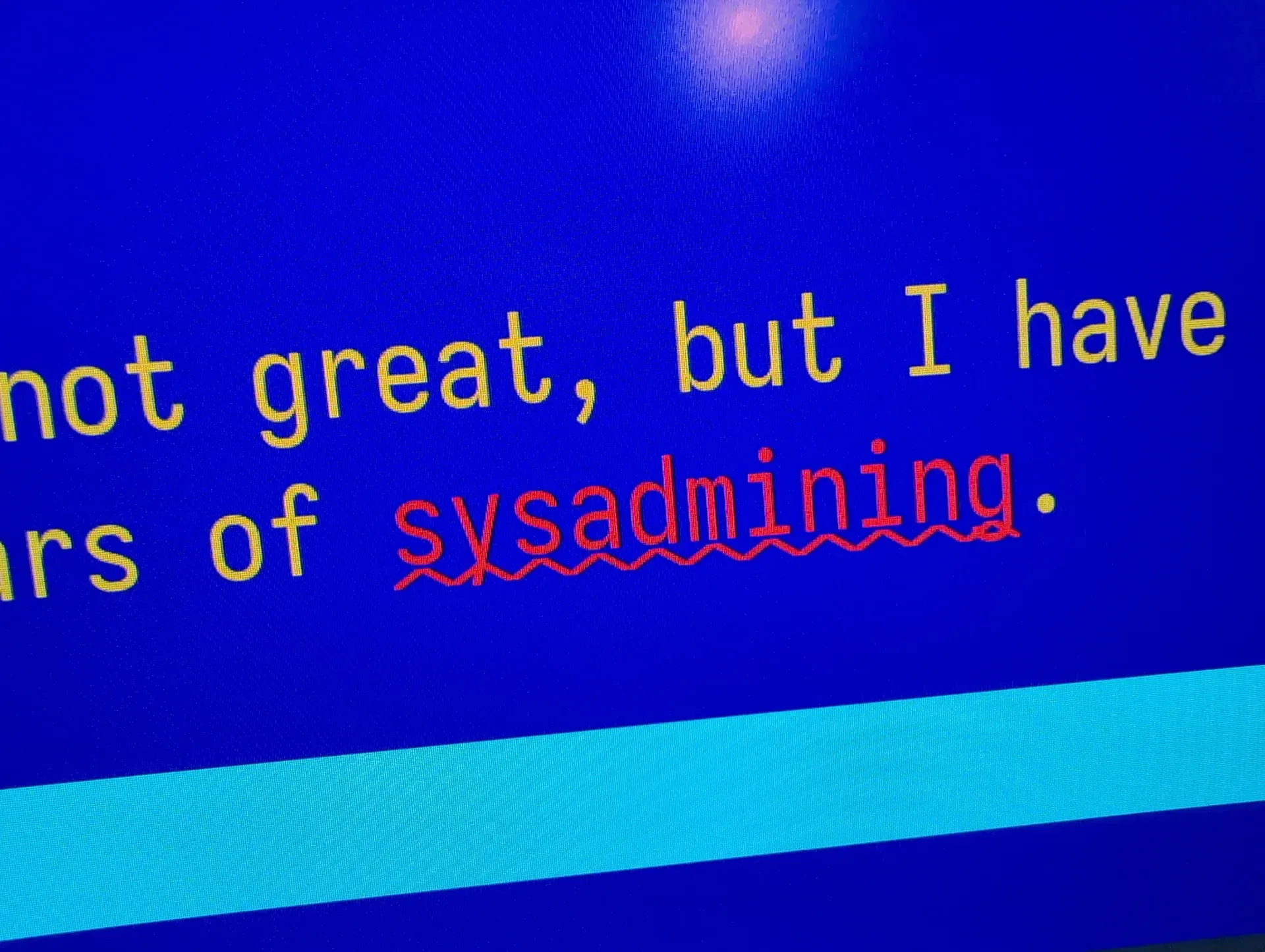 A closeup of the word "sysadmining", with red underlining indicating it's not a word.