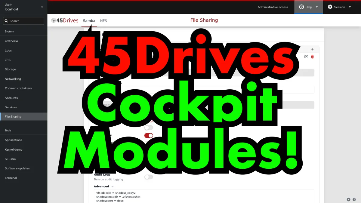 The words "45Drives Cockpit Modules!" superimposed over a web dashboard (the Cockpit window)