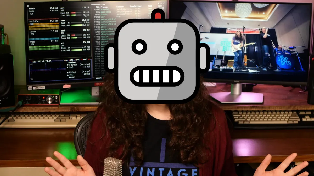 A picture of a woman in her studio, but a robot emoji is poorly superimposed over her face.