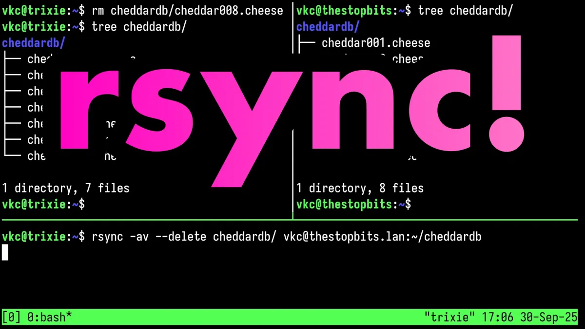 The word "rsync!" superimposed over a tmux session with an rsync invocation in the bottom pane.