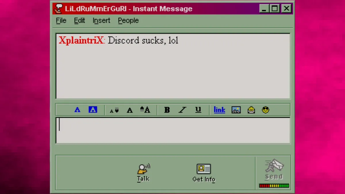 A 90s-era AIM window with a message from XplaintriX which reads "Discord sucks, lol"