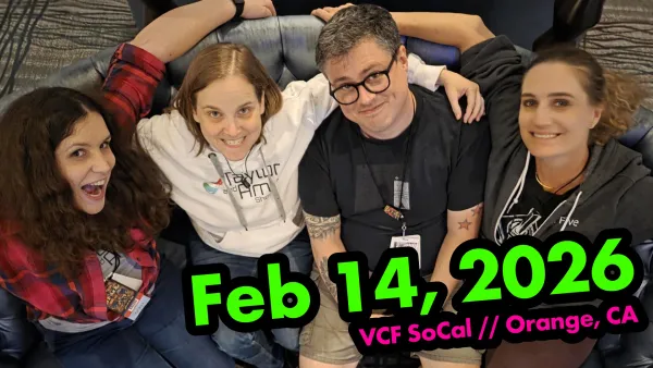 The four members of The Stop Bits sitting on a couch. Superimposed is the date "Feb 14, 2026" and the words "VCF SoCal // Orange, CA".