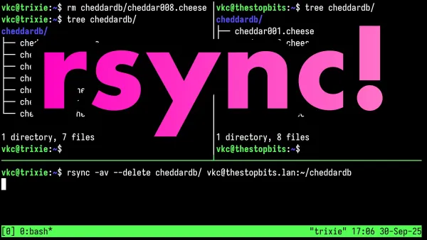 The word "rsync!" superimposed over a tmux session with an rsync invocation in the bottom pane.
